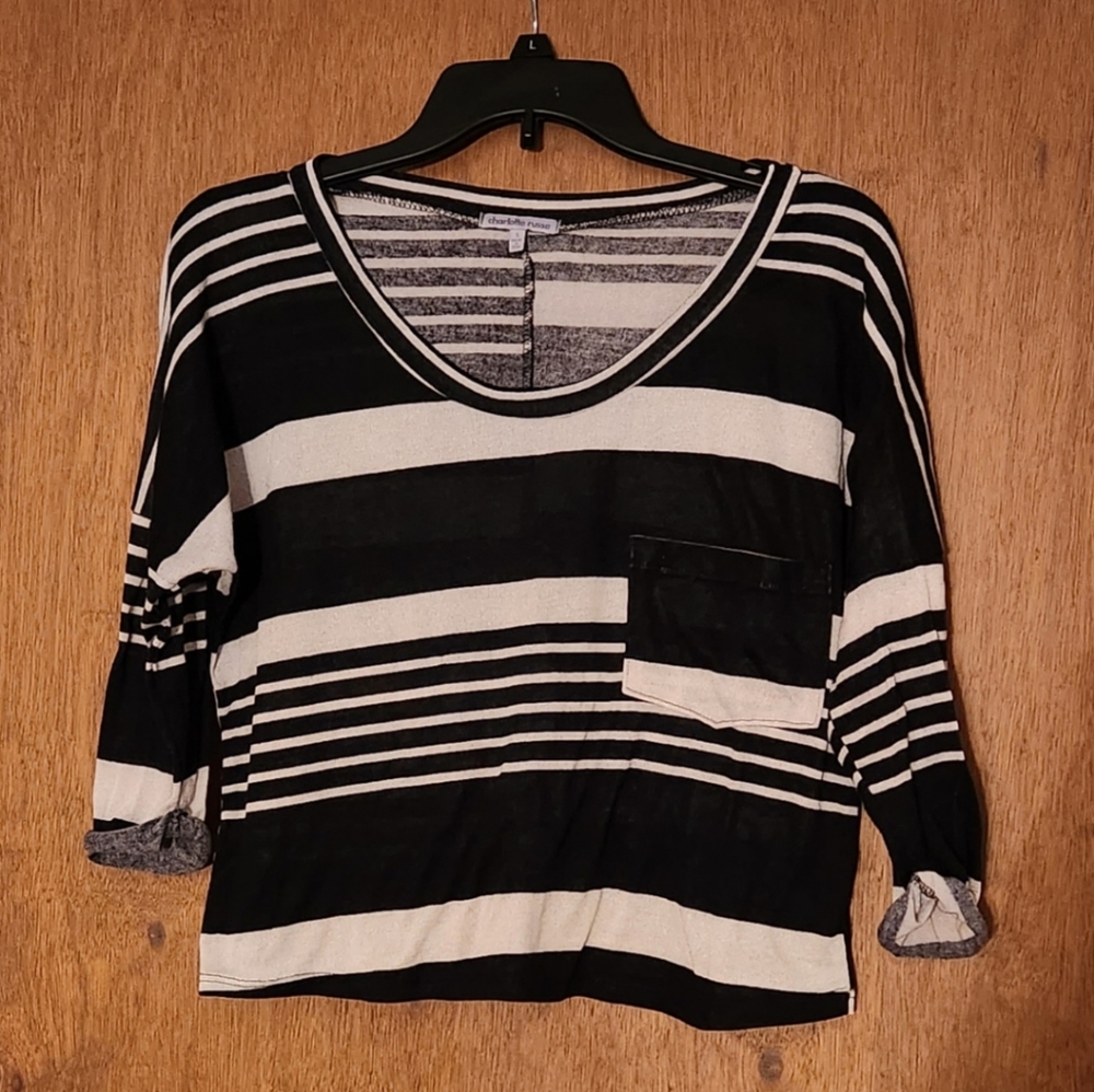 Charlotte Russe shirt with 3/4 length sleeves, size small, black & off white